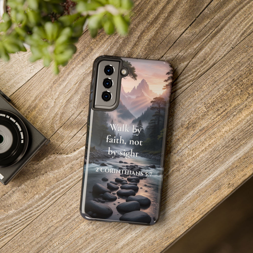 Christian Phone Case — "Walk by Faith, Not by Sight" (2 Corinthians 5:7) Scenic River Design