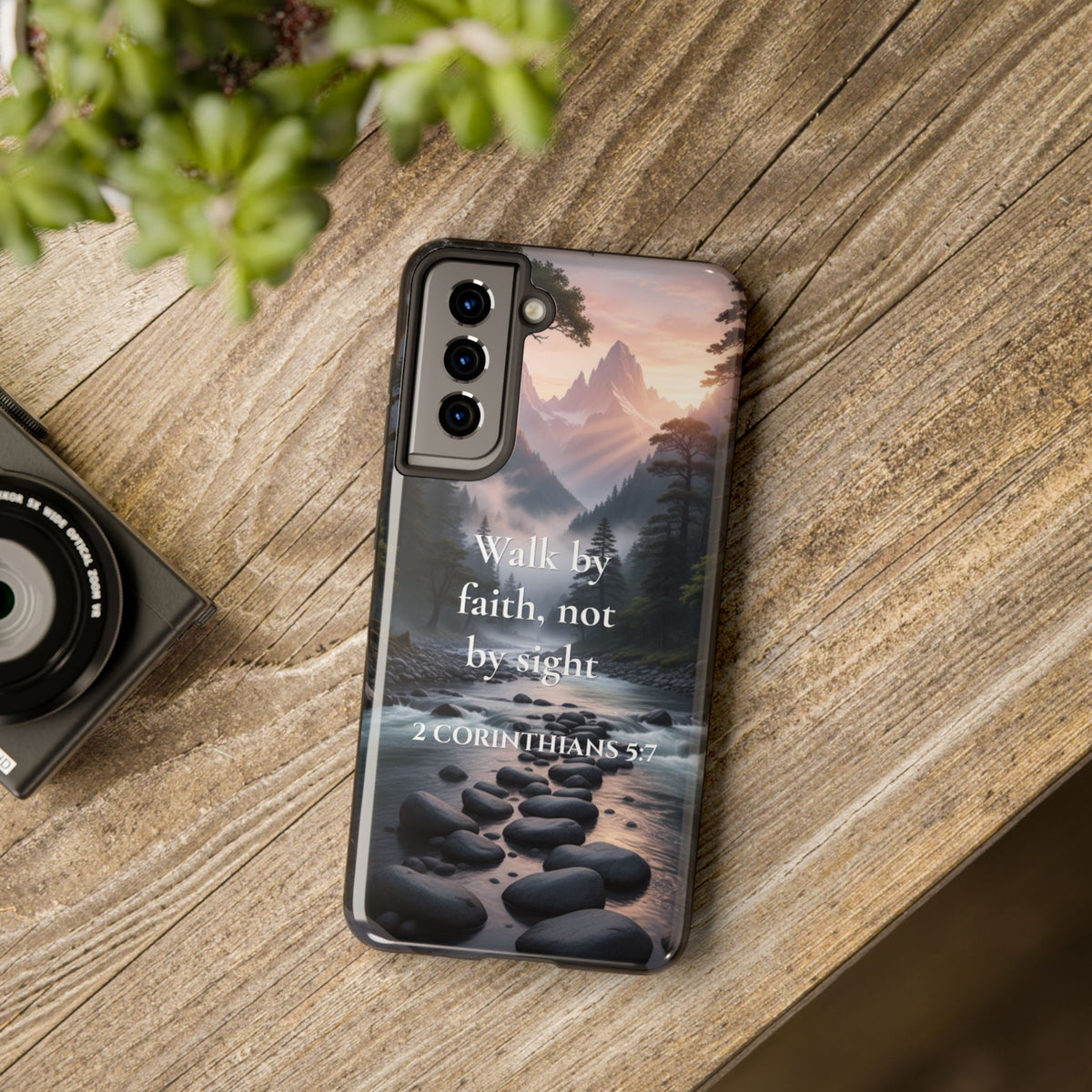 Christian Phone Case — "Walk by Faith, Not by Sight" (2 Corinthians 5:7) Scenic River Design