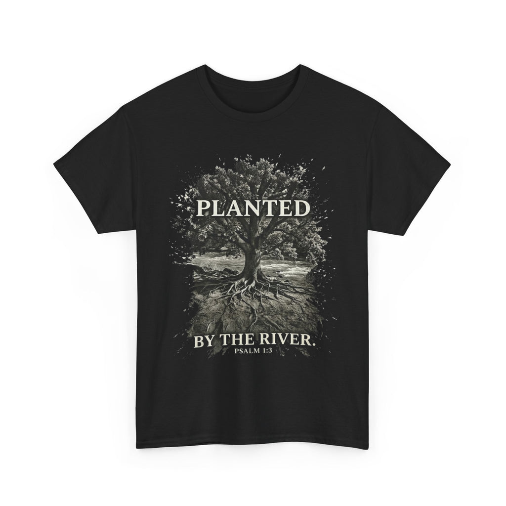 Planted by the River black Christian t-shirt - Psalm 1:3 faith graphic tee with tree and roots design
