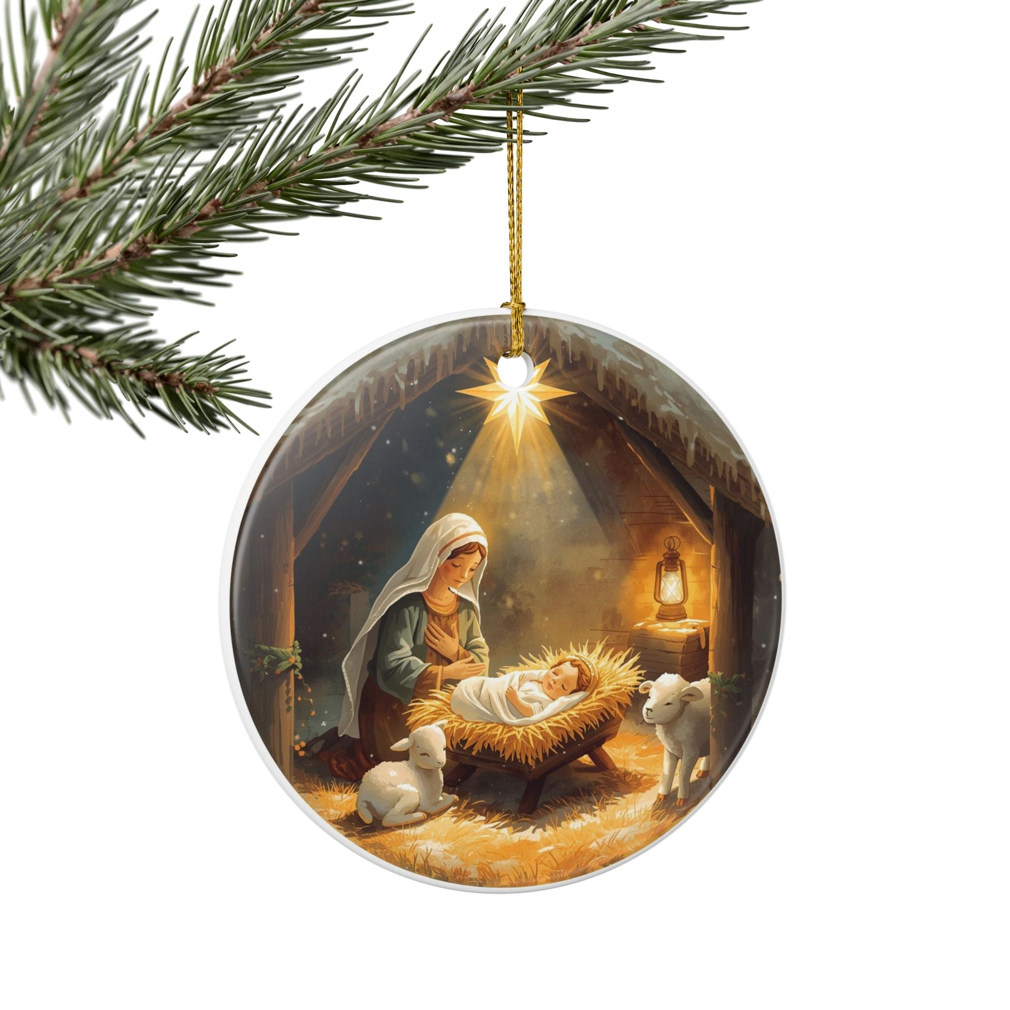Nativity Ceramic Ornament — Baby Jesus Manger Christmas Decor