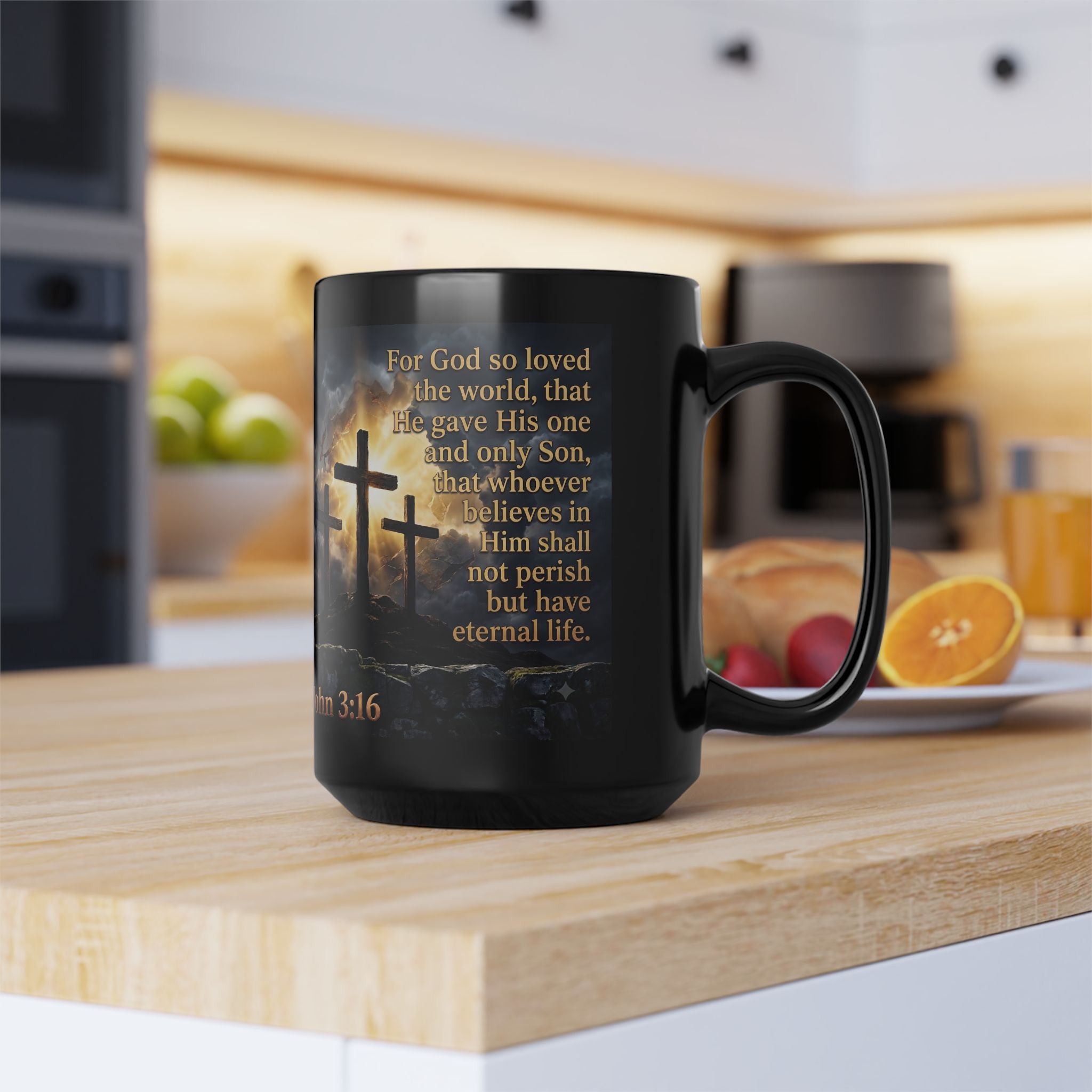 John 3:16 Black Christian Mug — Three Crosses Scripture Design