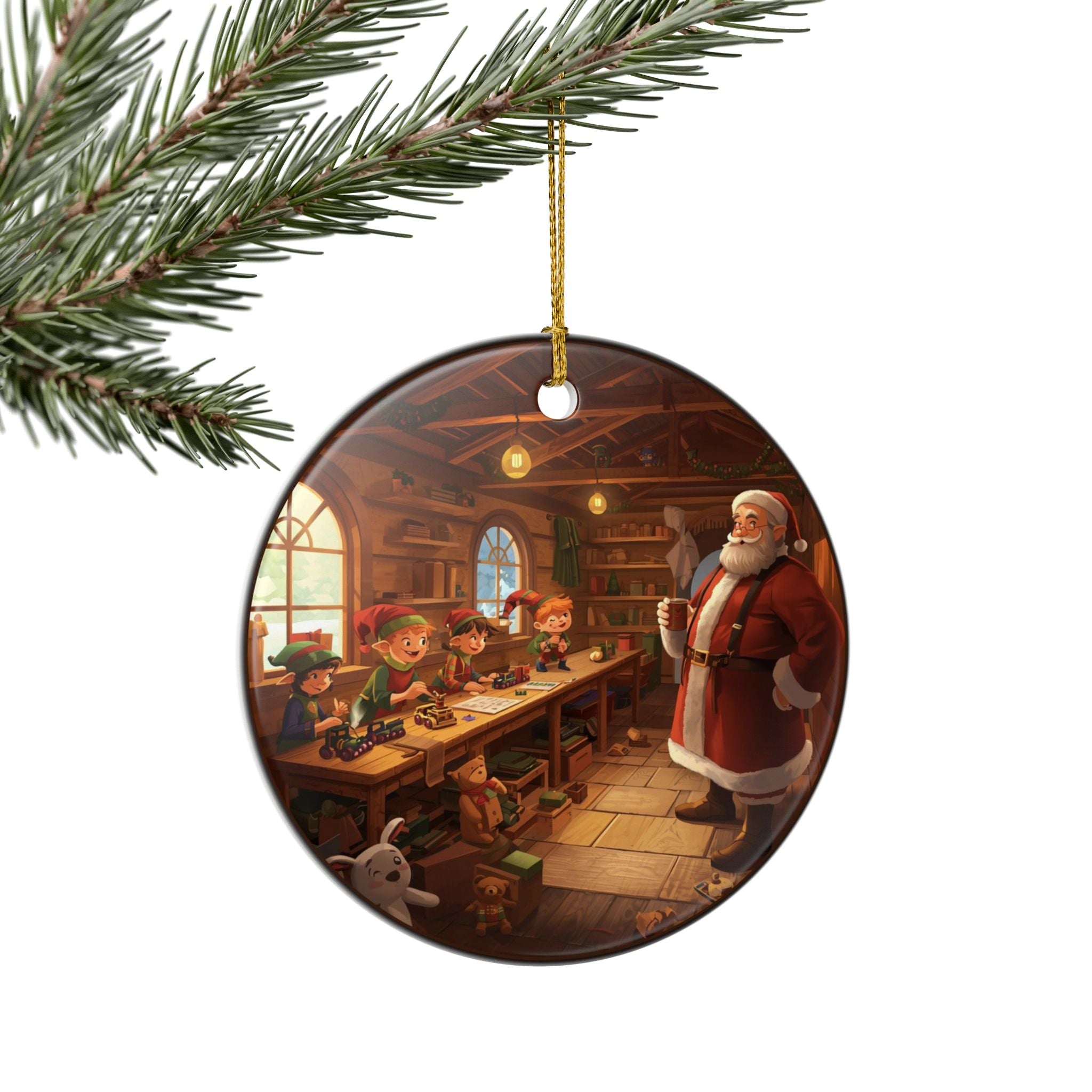 Santa & Elves Round Ornament (Double-Sided)