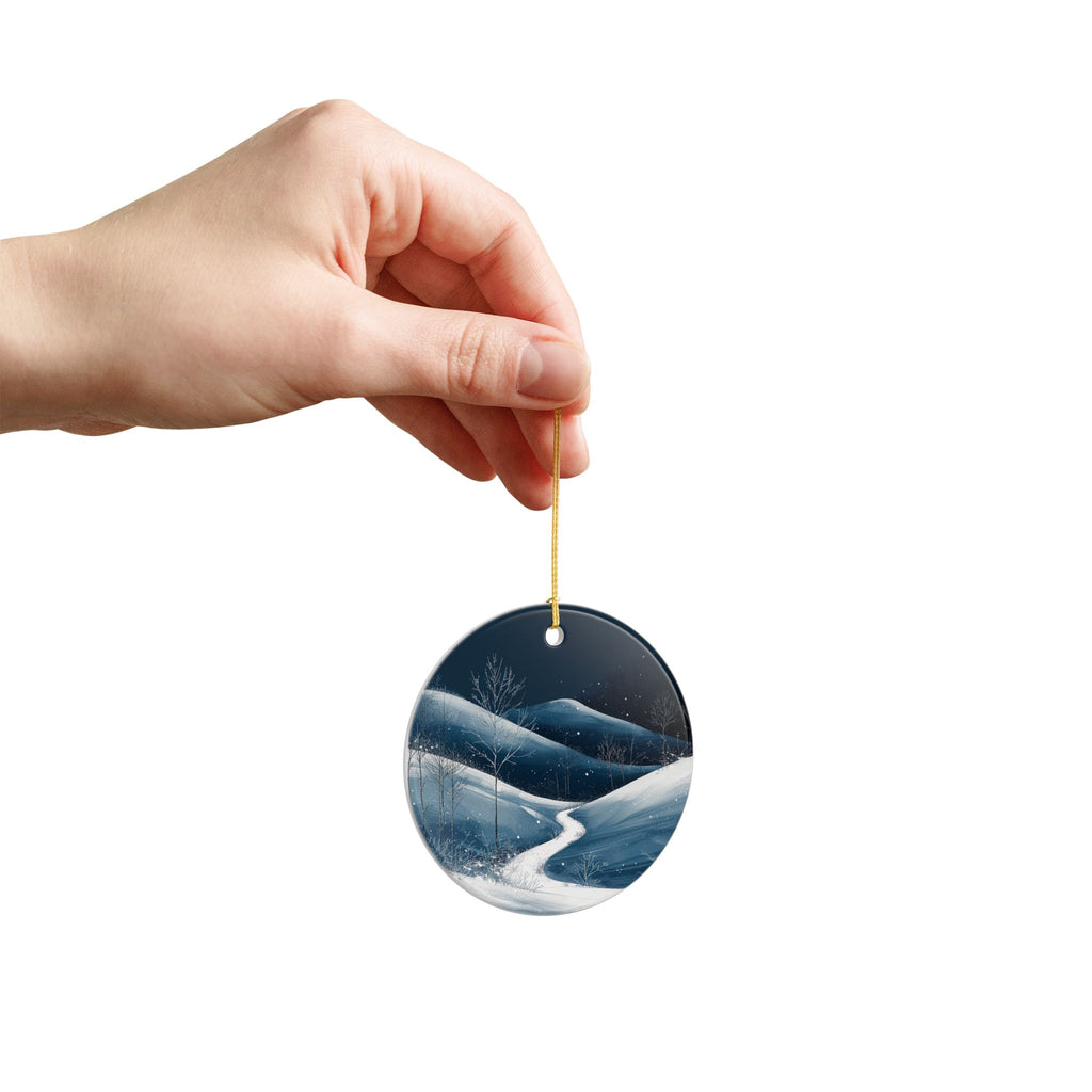 Winter Night Ceramic Ornament — Snowy Mountain Path (2-Sided)