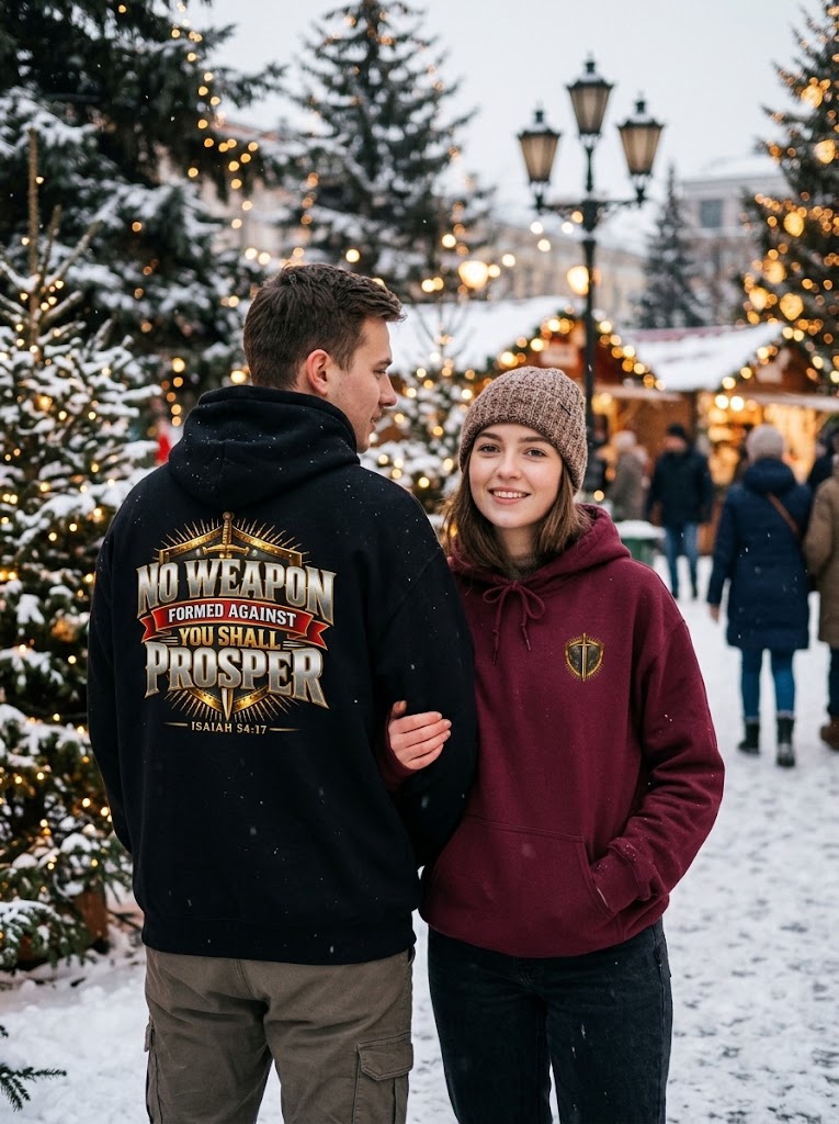 Couple at a snowy Christmas market wearing Isaiah 54:17 hoodies: man in black showing the No Weapon Formed Against You Shall Prosper sword design on the back, woman in maroon with the gold shield chest emblem