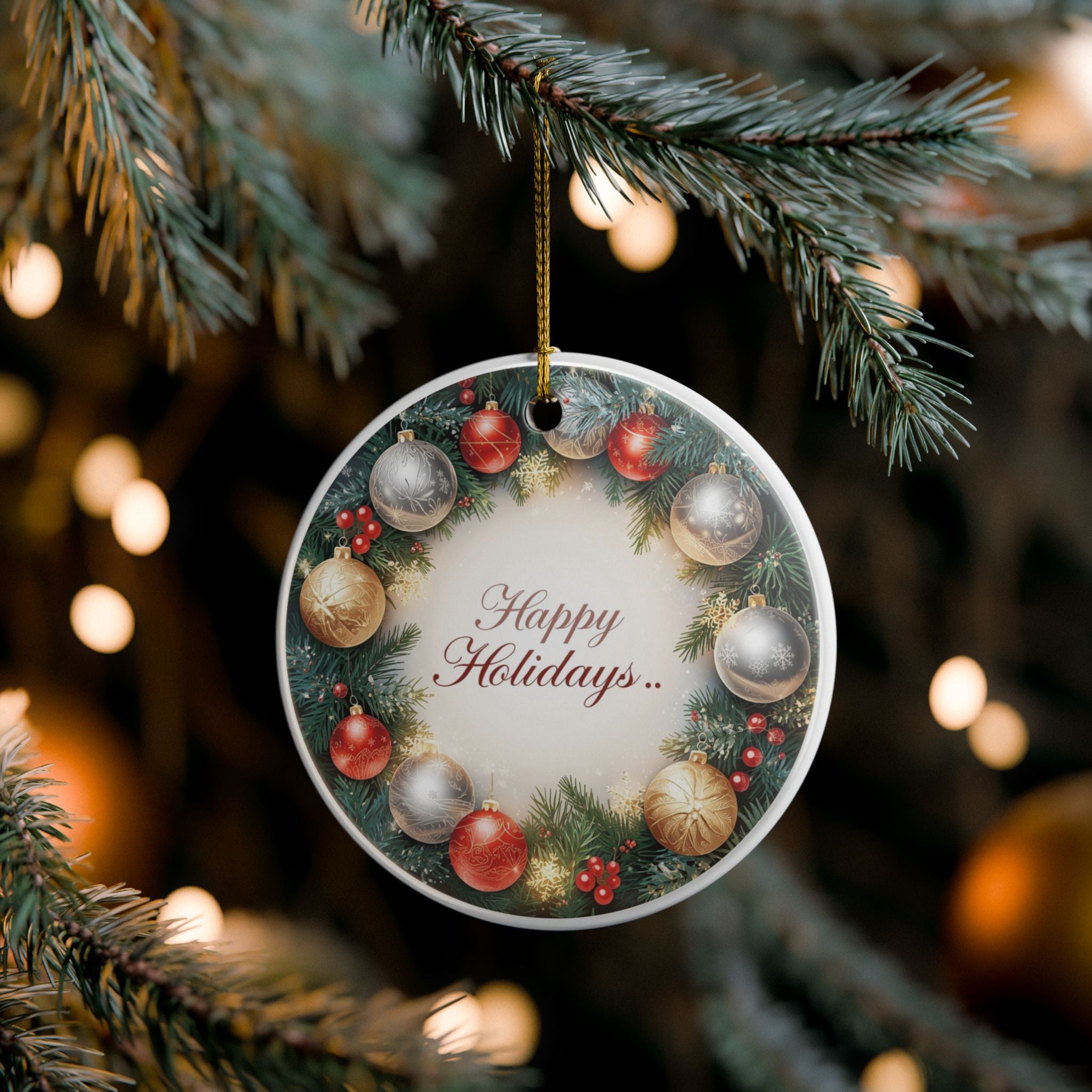 Festive Wreath Ceramic Ornament — Double-Sided Holiday Decor