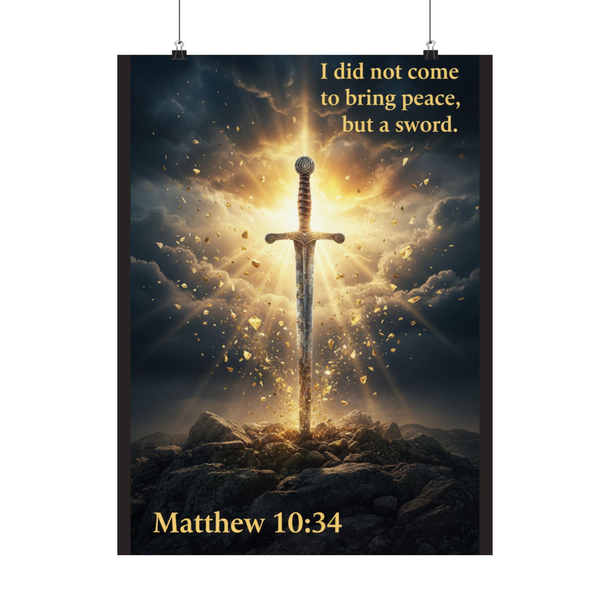 Matthew 10:34 Christian matte vertical poster showing a glowing sword rising through stormy skies with gold light and the verse "I did not come to bring peace, but a sword," branded by zerofgstore.com