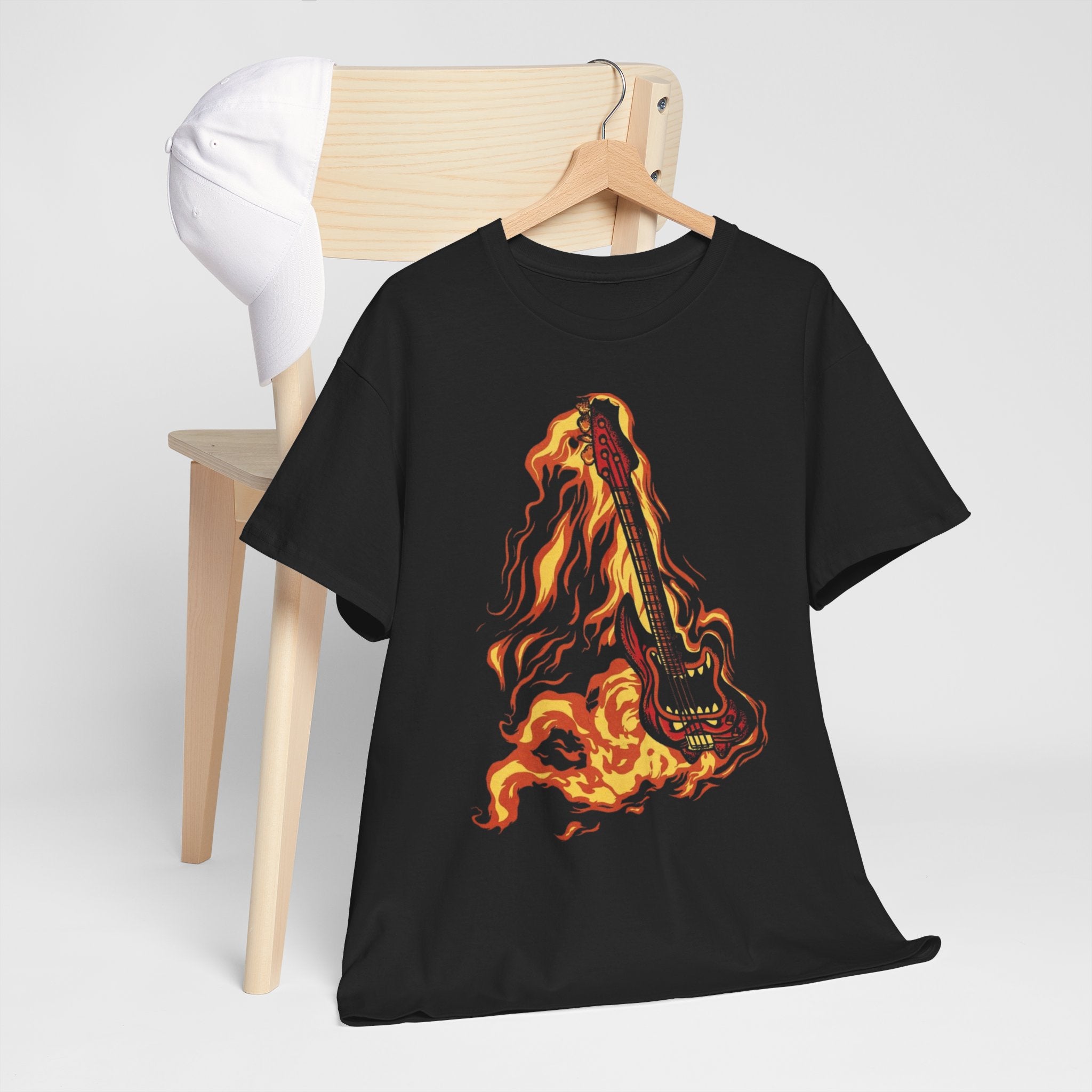 Flaming Guitar T-Shirt — Fiery Rock Music Graphic Tee for Guitarists