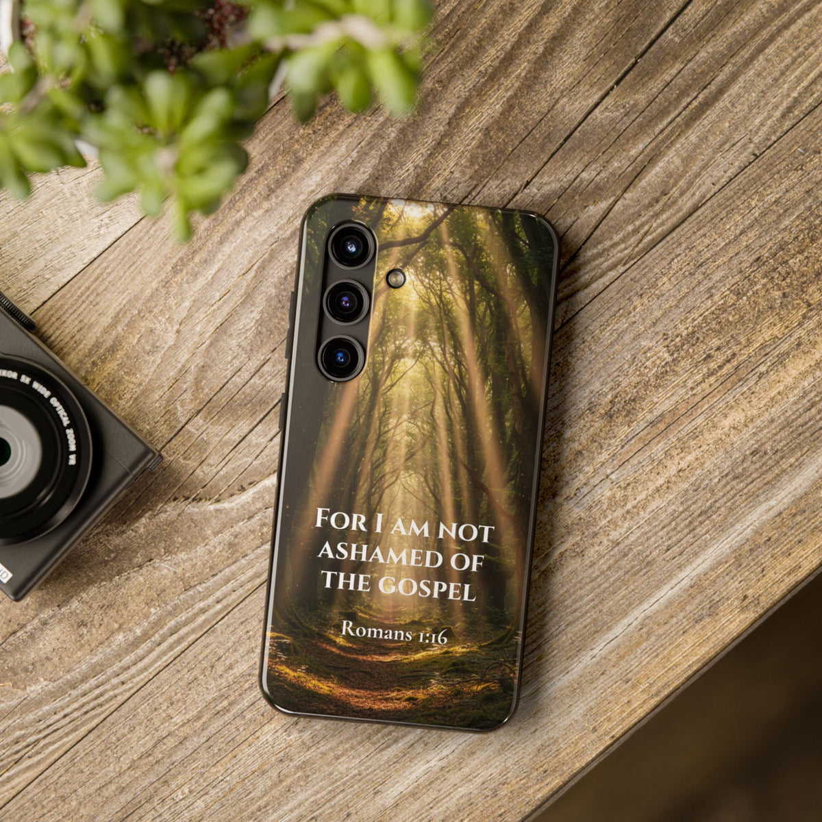 Christian Phone Case — "For I Am Not Ashamed of the Gospel" (Romans 1:16) Forest Light Design