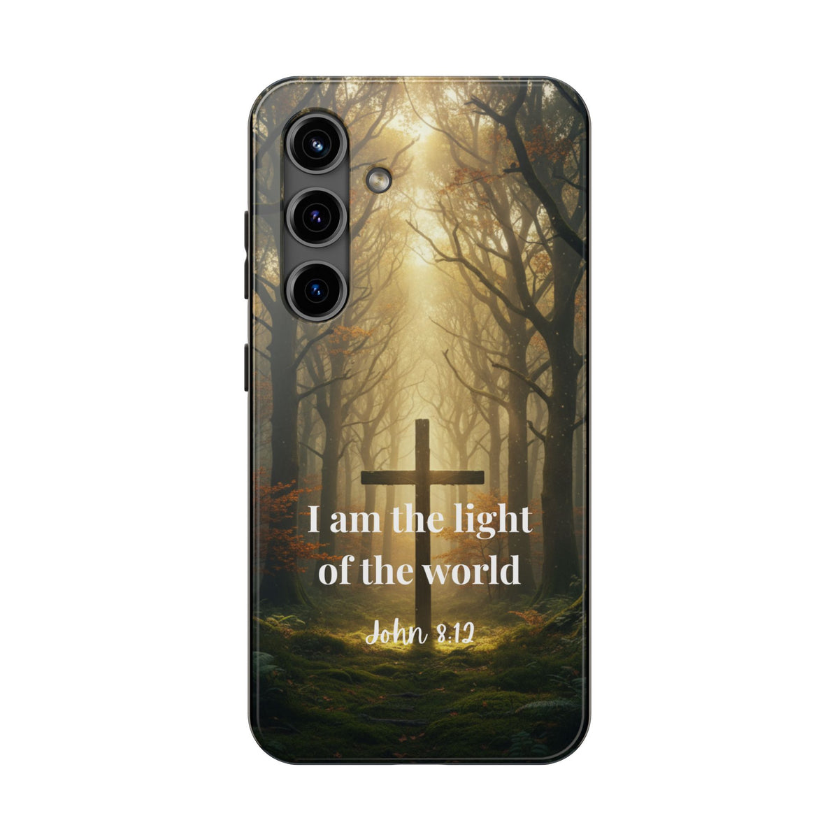 Christian Phone Case — "I Am the Light of the World" (John 8:12) Forest Cross Design