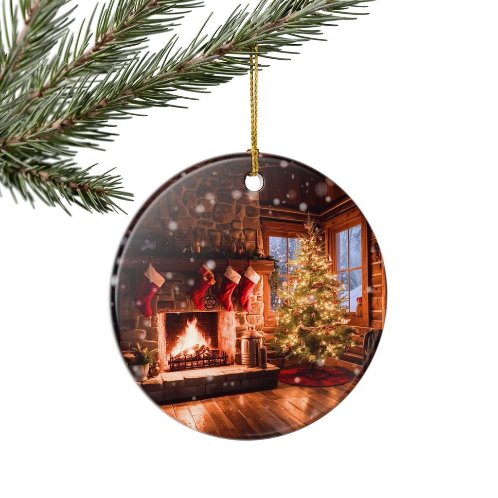 Cozy Fireplace & Christmas Tree Ceramic Ornament