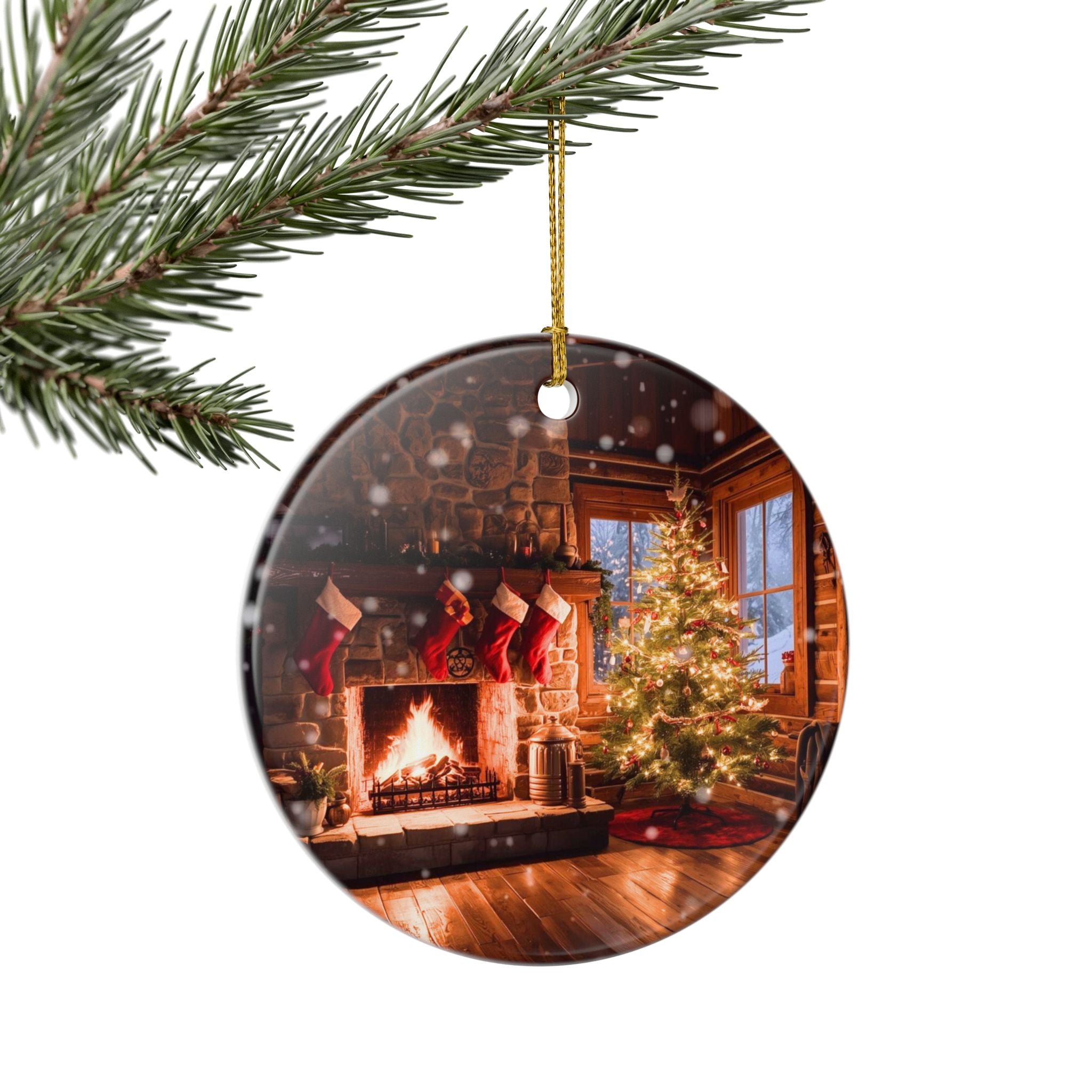Cozy Fireplace & Christmas Tree Ceramic Ornament