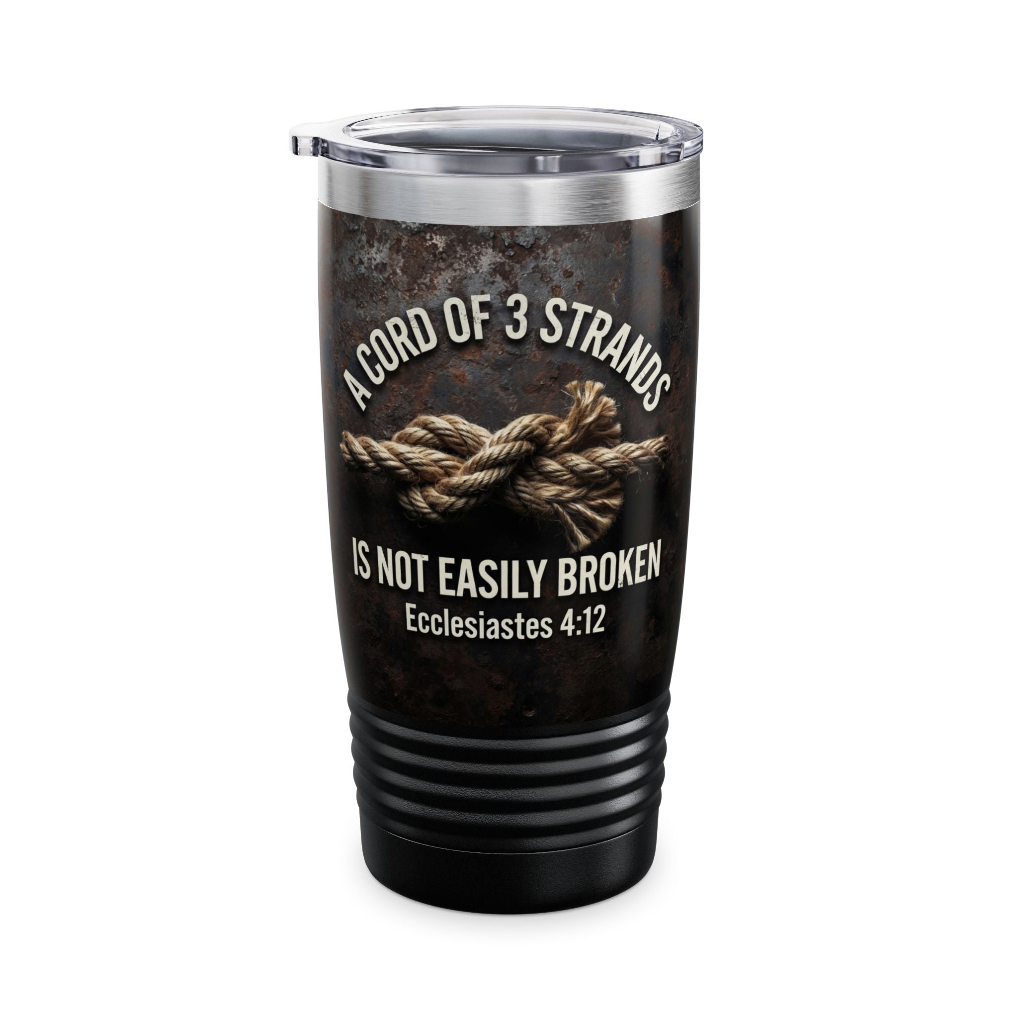 A Cord of 3 Strands Is Not Easily Broken — Ecclesiastes 4:12 black 20oz ringneck tumbler with rope knot graphic and clear push-on lid