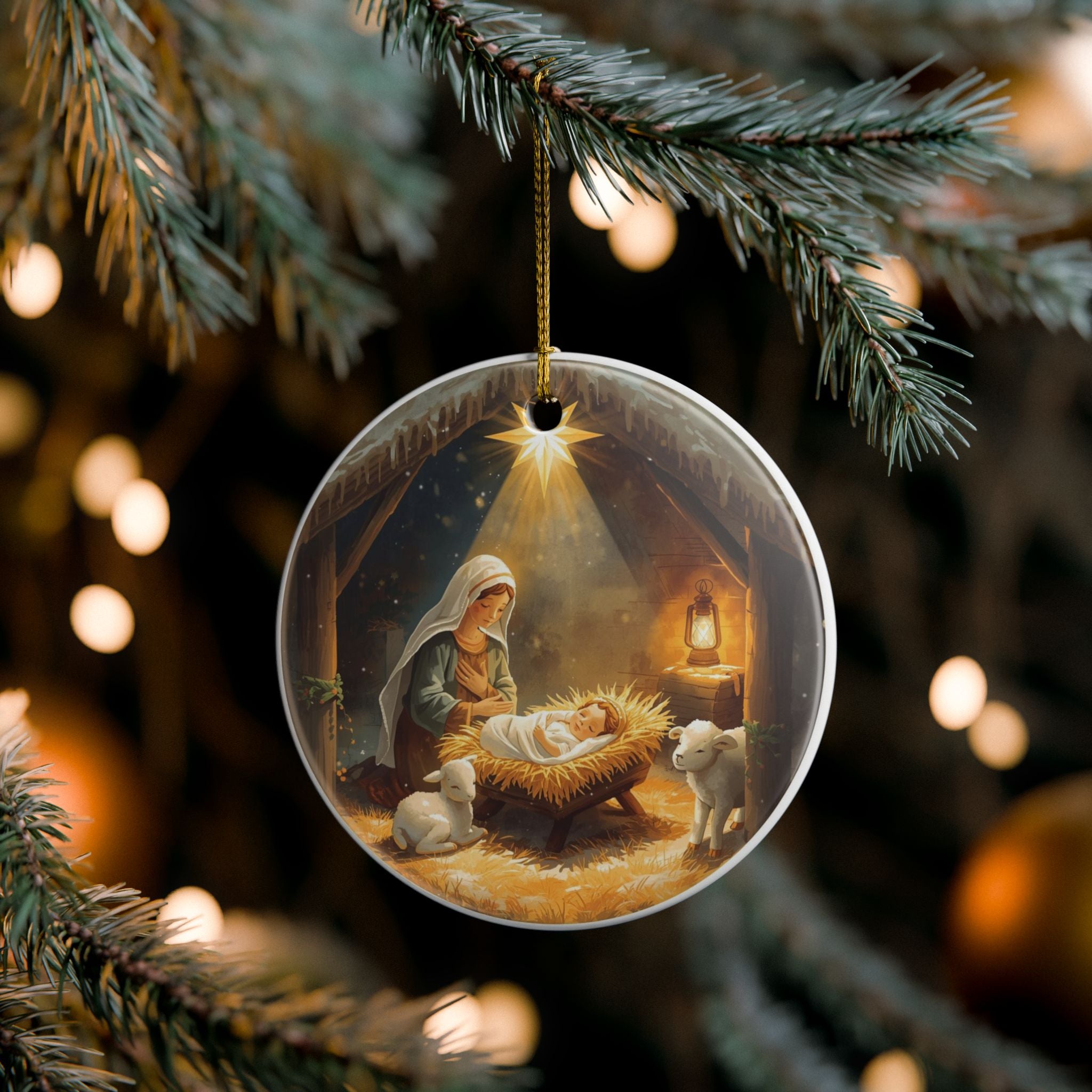 Nativity Ceramic Ornament — Baby Jesus Manger Christmas Decor