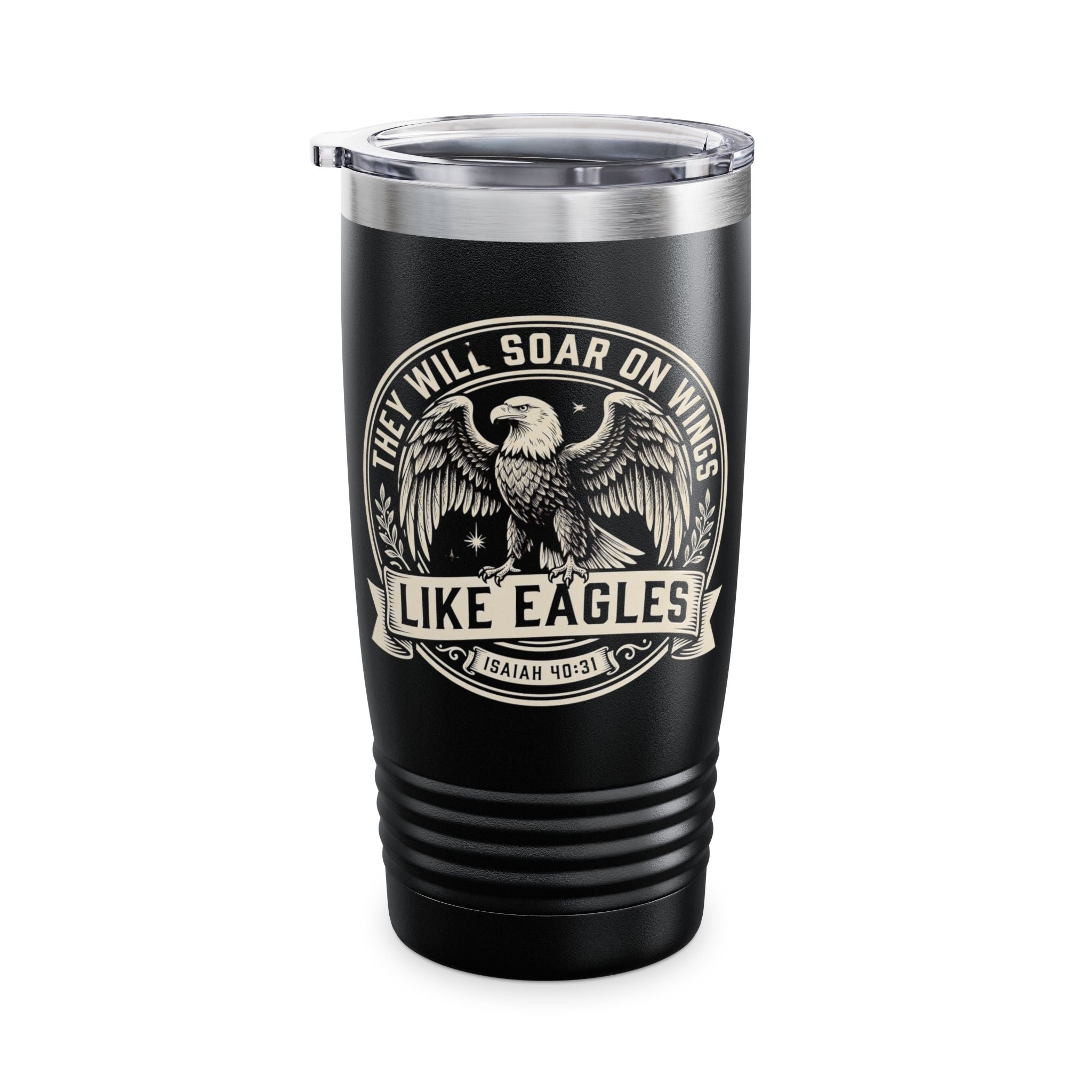 Matte black 20oz stainless steel tumbler with They Will Soar on Wings Like Eagles Isaiah 40:31 vintage eagle emblem design on white background, Christian drinkware by Zero FG