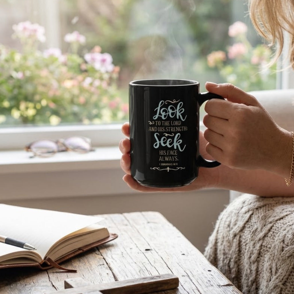 “Look to the Lord” Scripture Mug – Christian Black Coffee Cup (11oz/15oz)