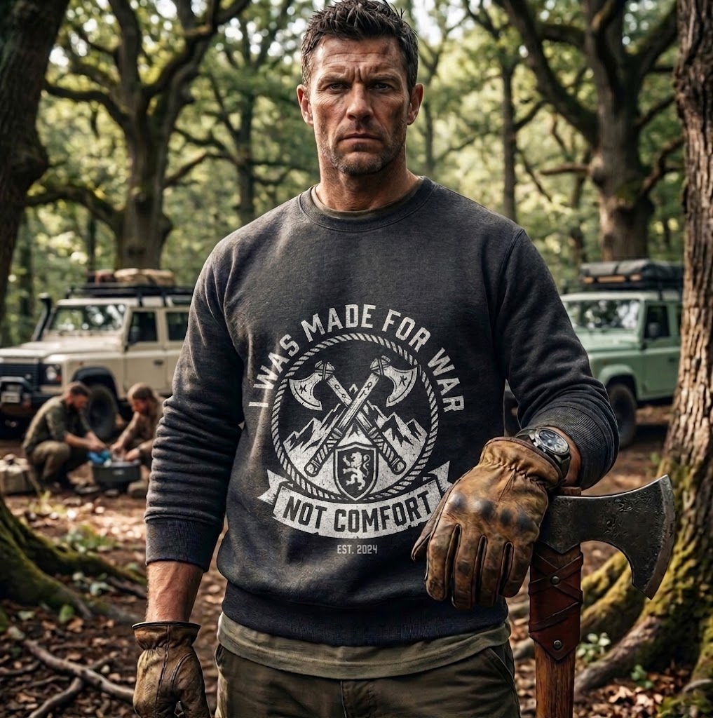 Man wearing I Was Made for War Not Comfort faith crewneck sweatshirt in dark heather, standing in forest holding an axe