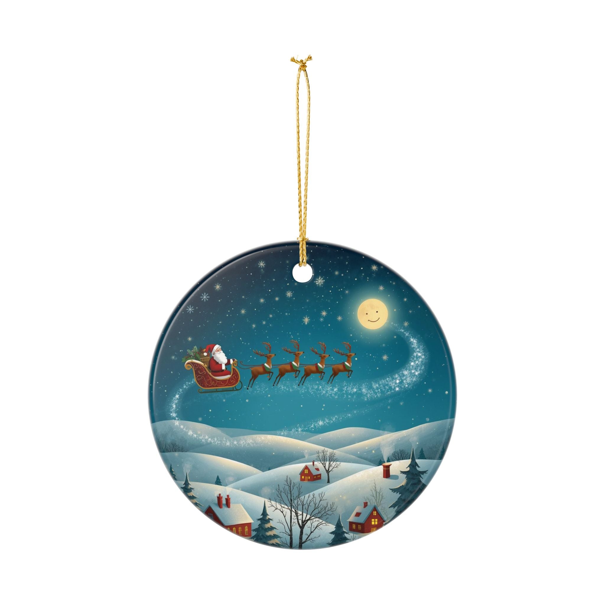 Santa Sleigh Over Snowy Village Ornament