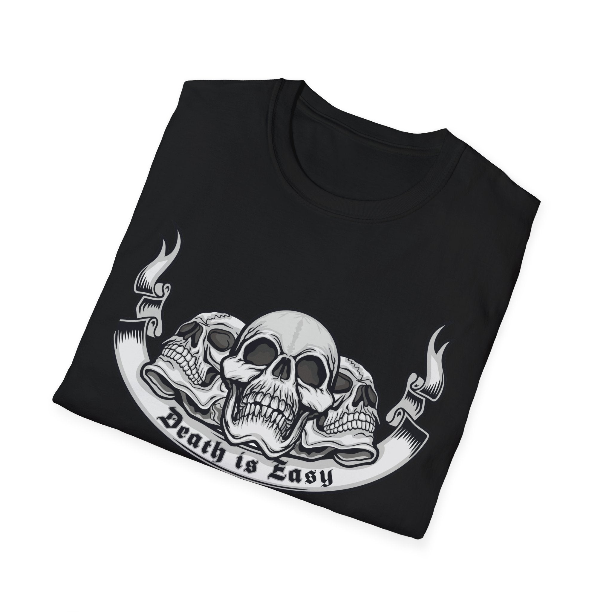 Skull Graphic Tee - Death is Easy Unisex Softstyle T-Shirt, Casual Wear, Gothic Fashion, Music Festival Shirt, Halloween Costume Top