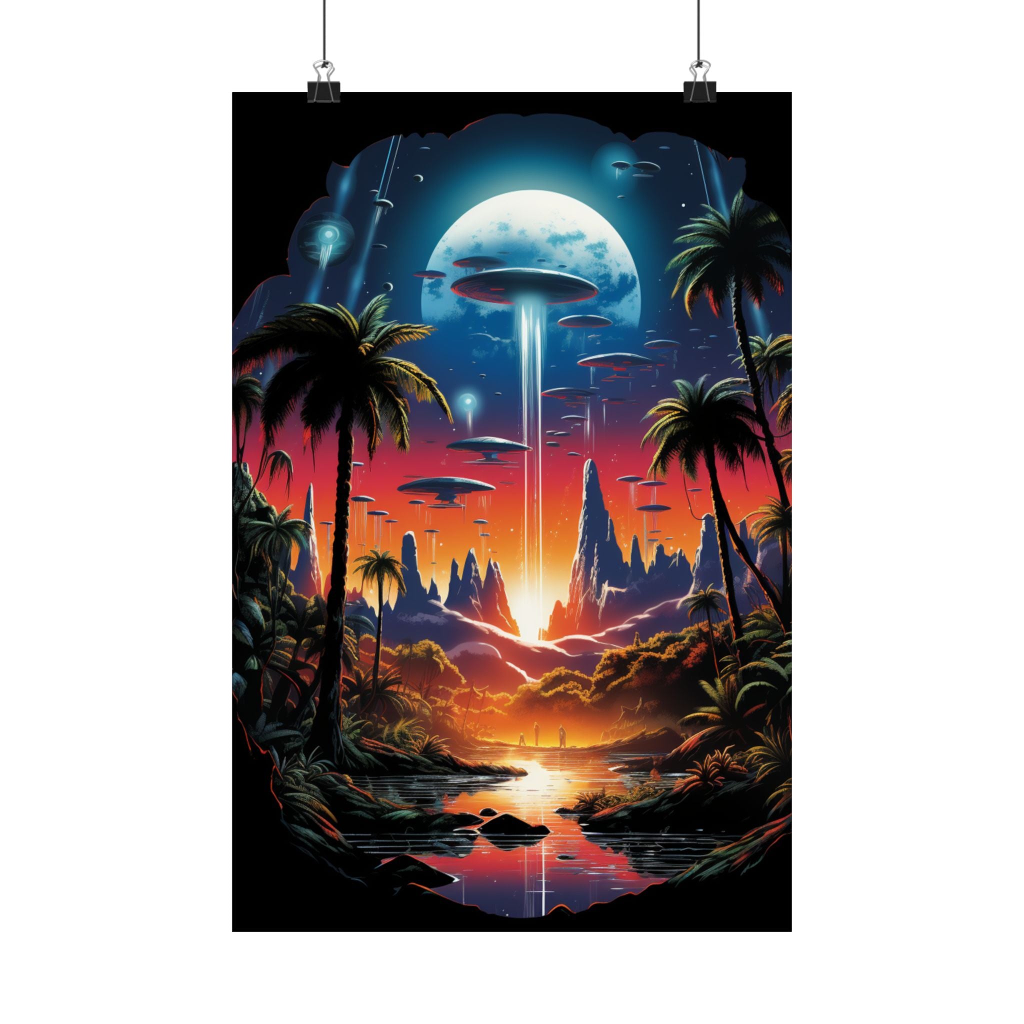 Cosmic Arrival Sunset Poster – Retro Sci-Fi Wall Art (3 Sizes)