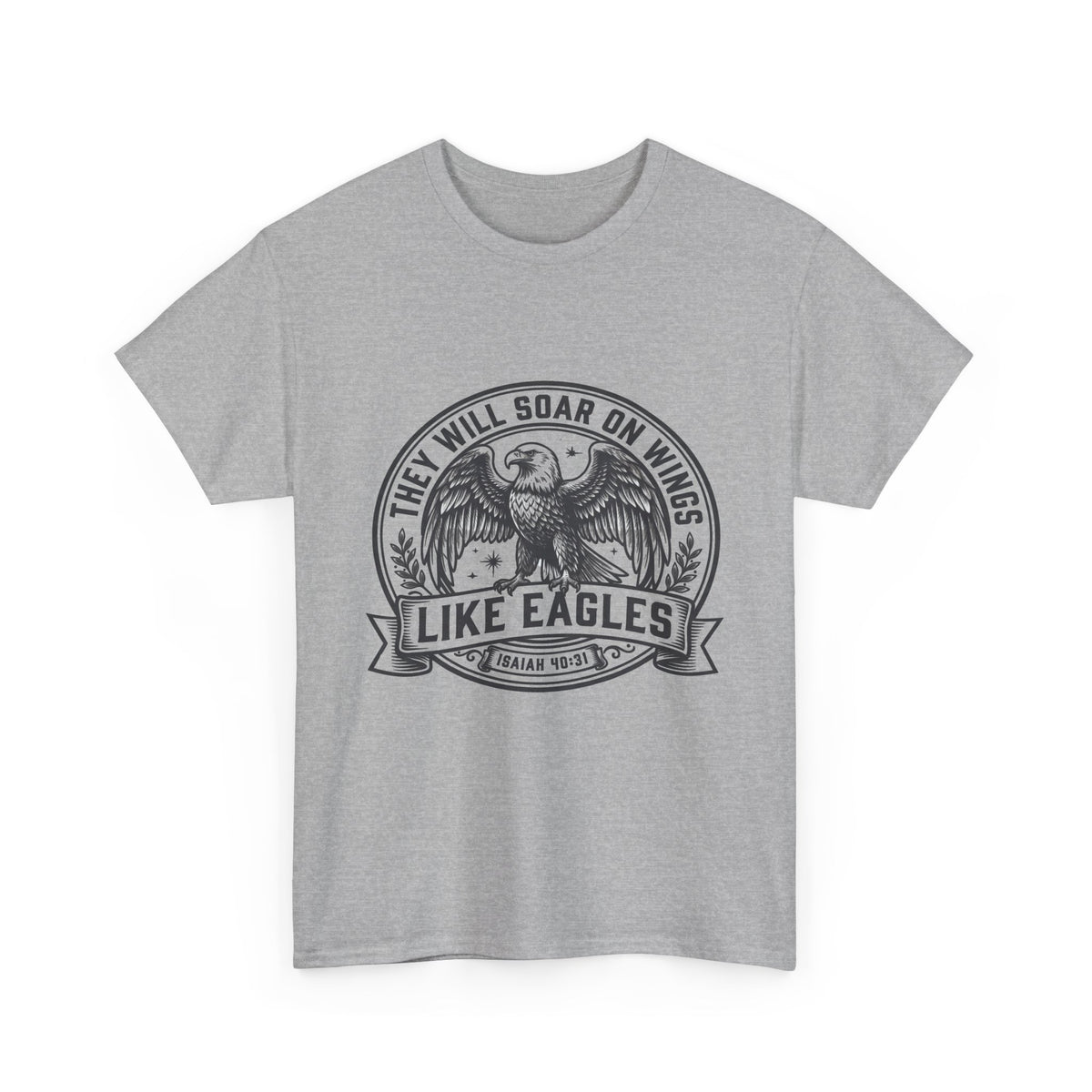 ey Will Soar on Wings Like Eagles Isaiah 40:31 vintage eagle crest graphic on light grey unisex Christian t-shirt