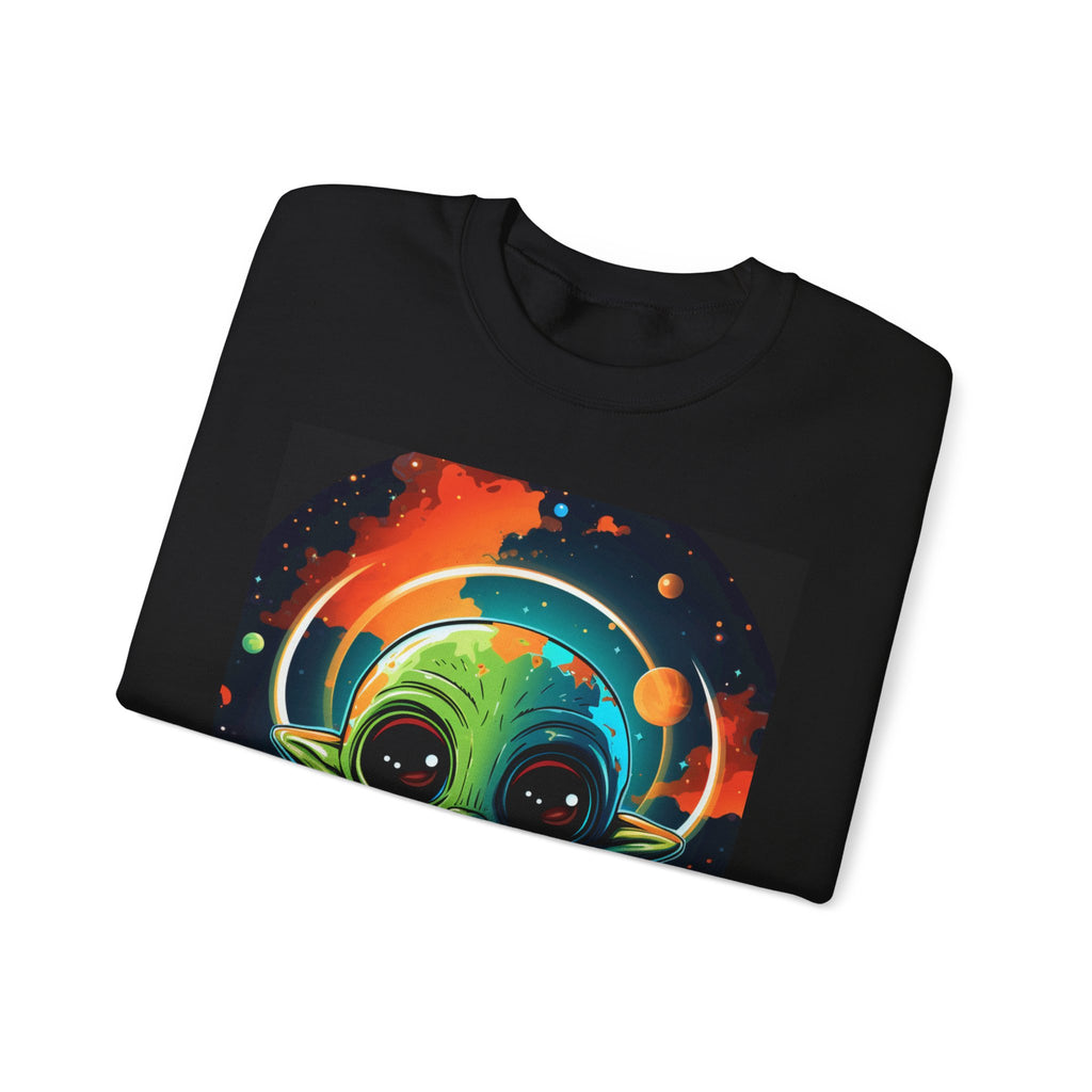 Cosmic Little Alien Sweatshirt – Neon Space Art on Black Crewneck
