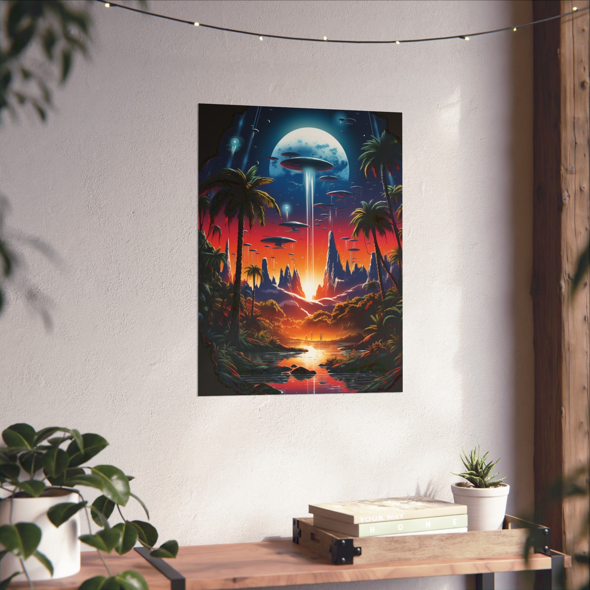 Cosmic Arrival Sunset Poster – Retro Sci-Fi Wall Art (3 Sizes)