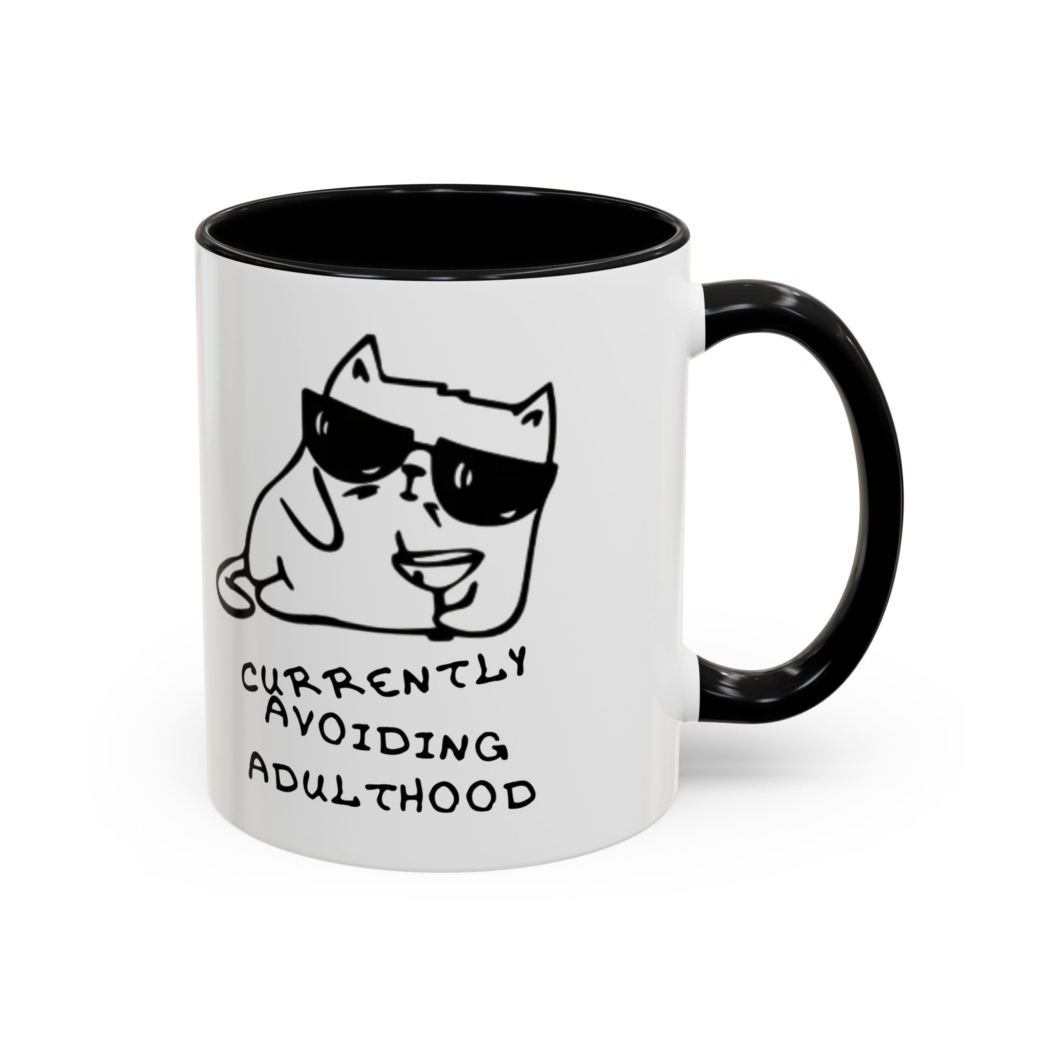 Currently Avoiding Adulthood Cat Mug – Funny Sketch Cartoon Coffee Cup