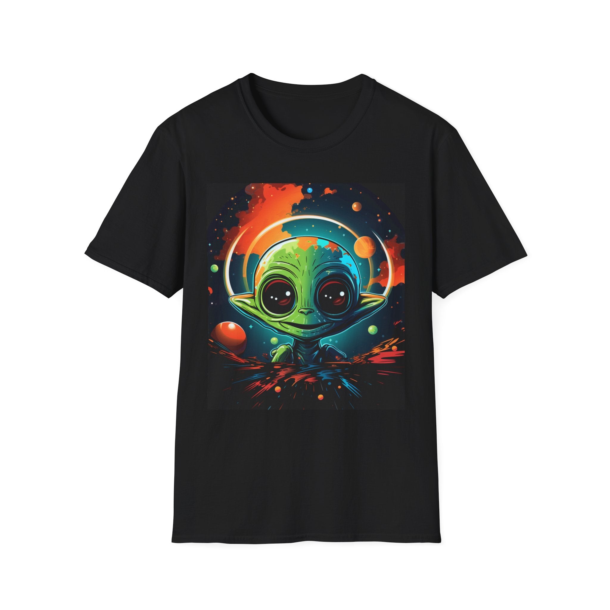 Cosmic Baby Alien Tee – Vibrant Outer Space Artwork on Black Shirt