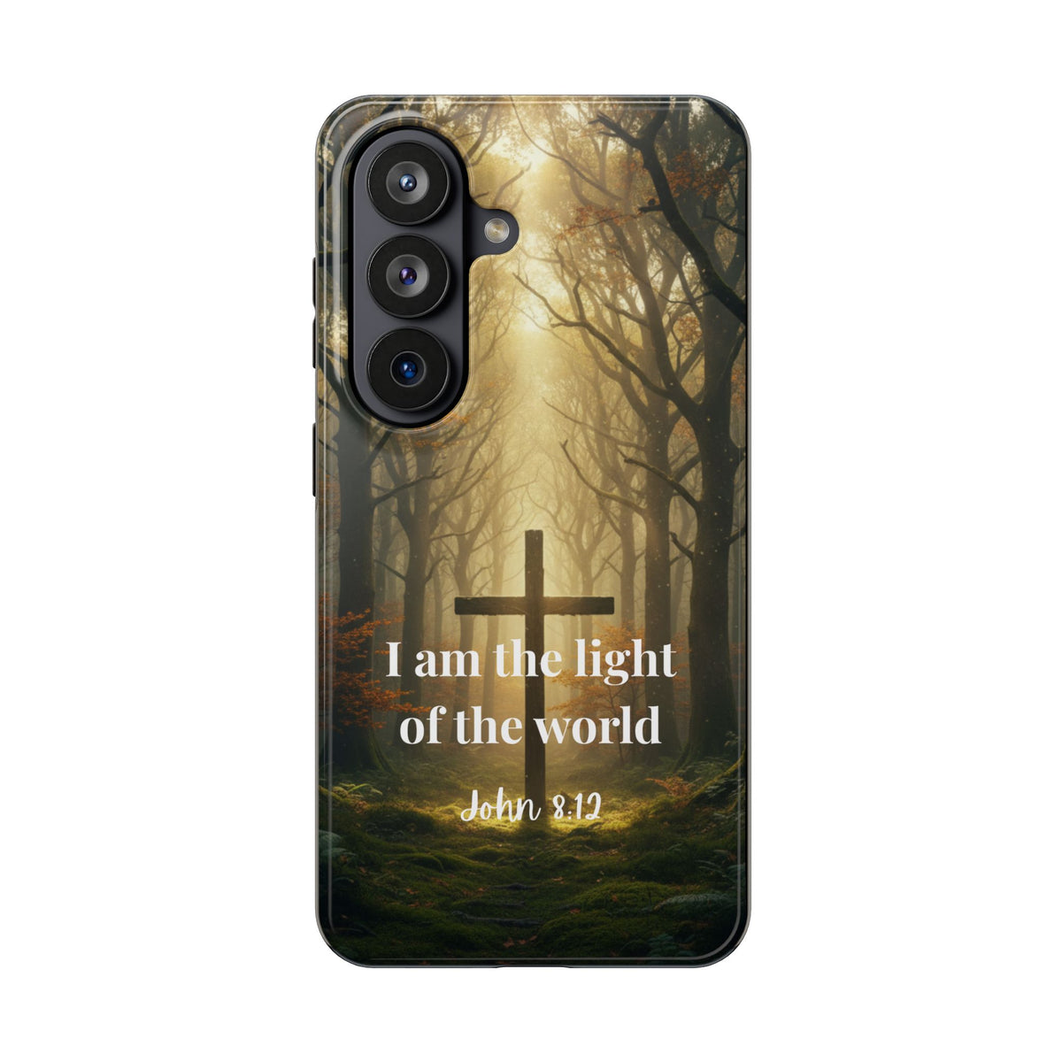 Christian Phone Case — "I Am the Light of the World" (John 8:12) Forest Cross Design