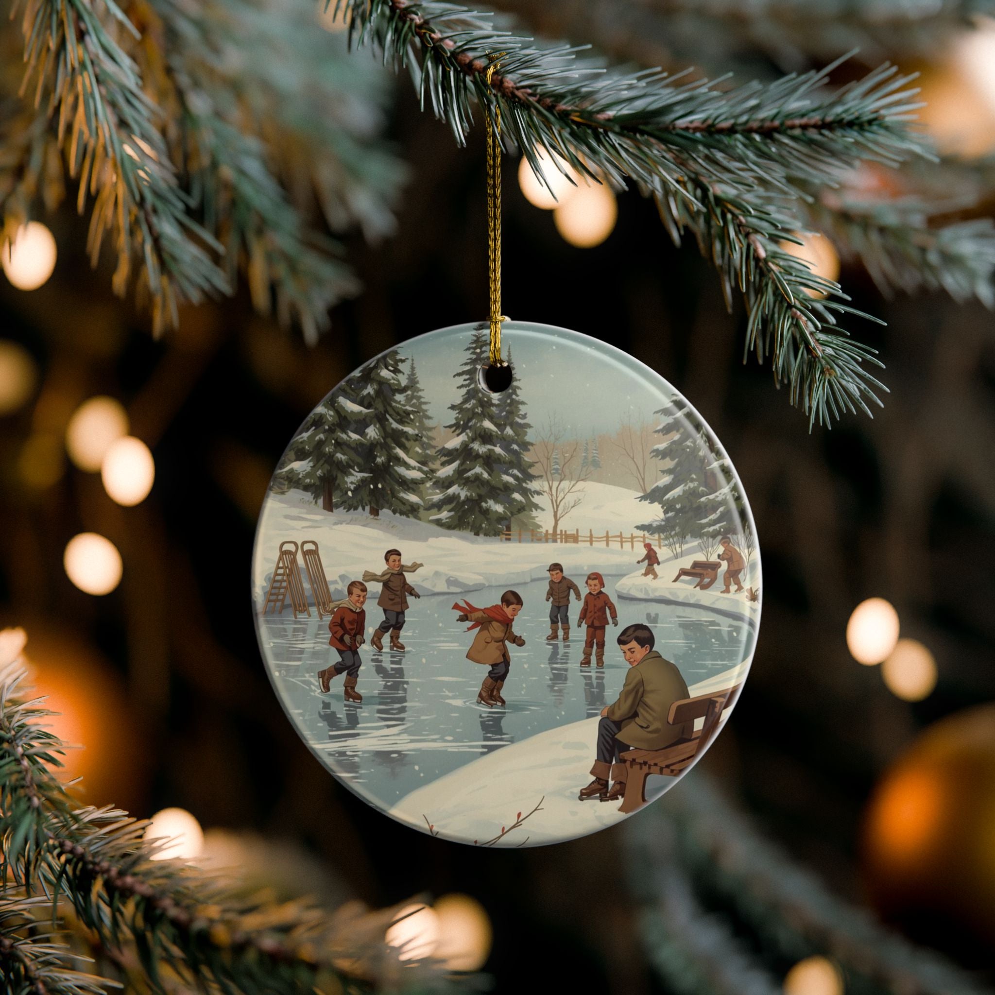 Vintage Ice Skating Scene Ornament — Retro Winter Decor