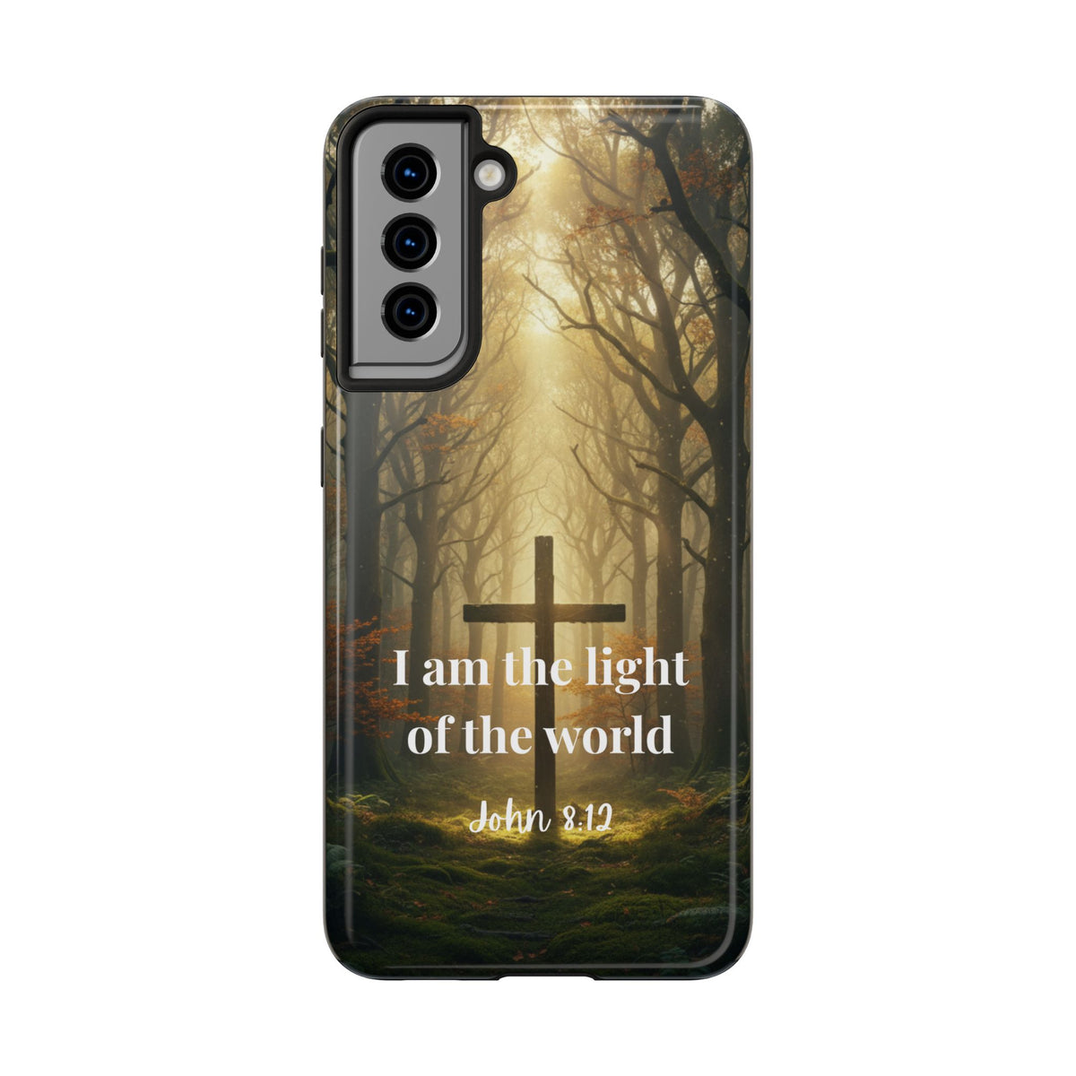 Christian Phone Case — "I Am the Light of the World" (John 8:12) Forest Cross Design
