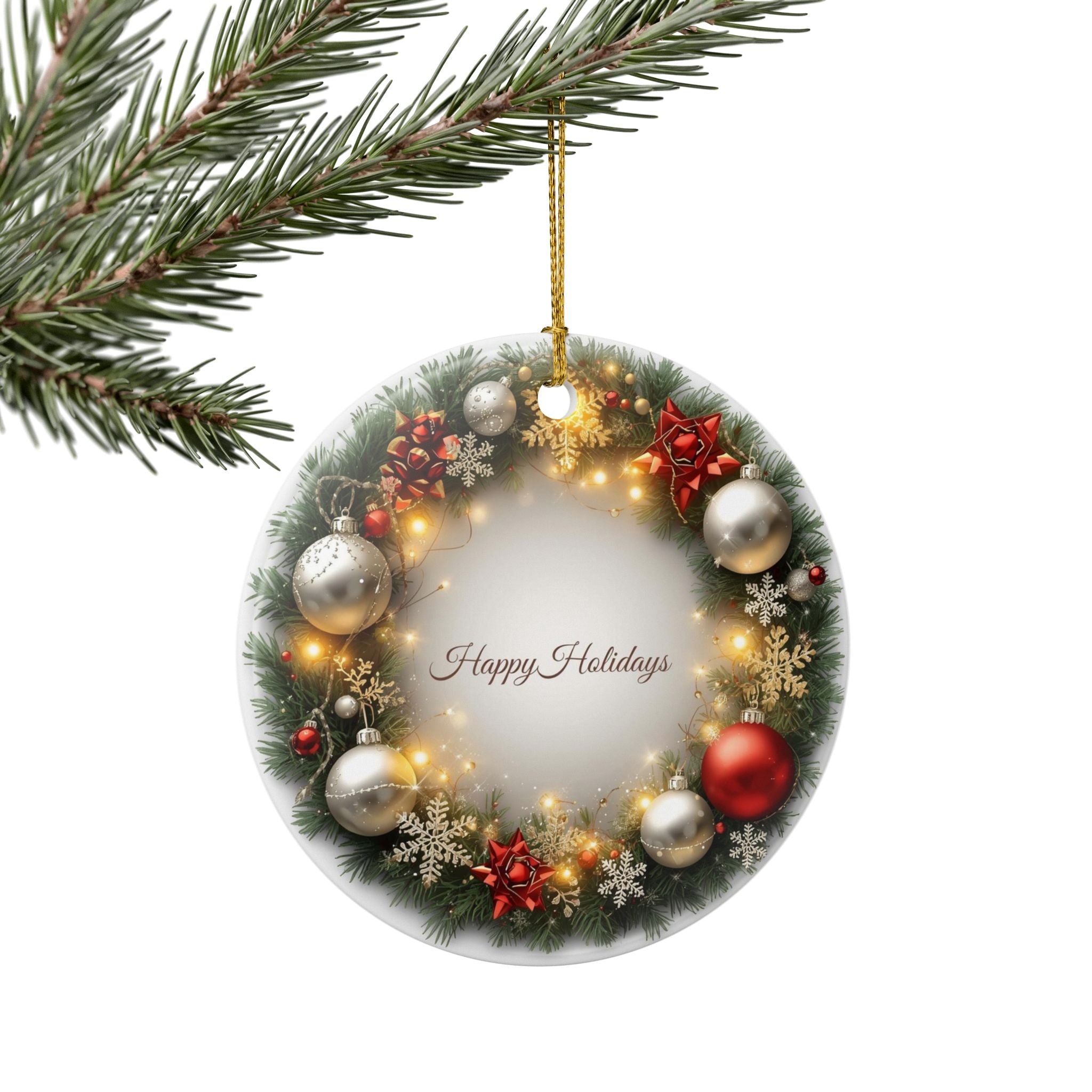 Festive Wreath Ceramic Ornament — Happy Holidays (2-Sided)