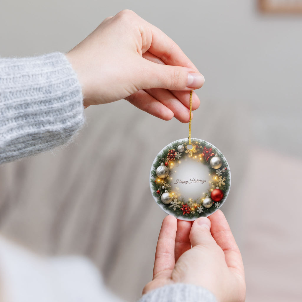 Festive Wreath Ceramic Ornament — Happy Holidays (2-Sided)