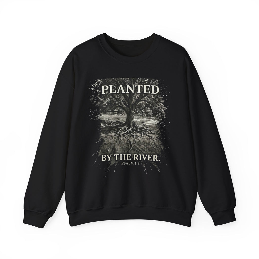Planted by the River black Christian sweatshirt - Psalm 1 nature forest faith graphic pullover in green and white
