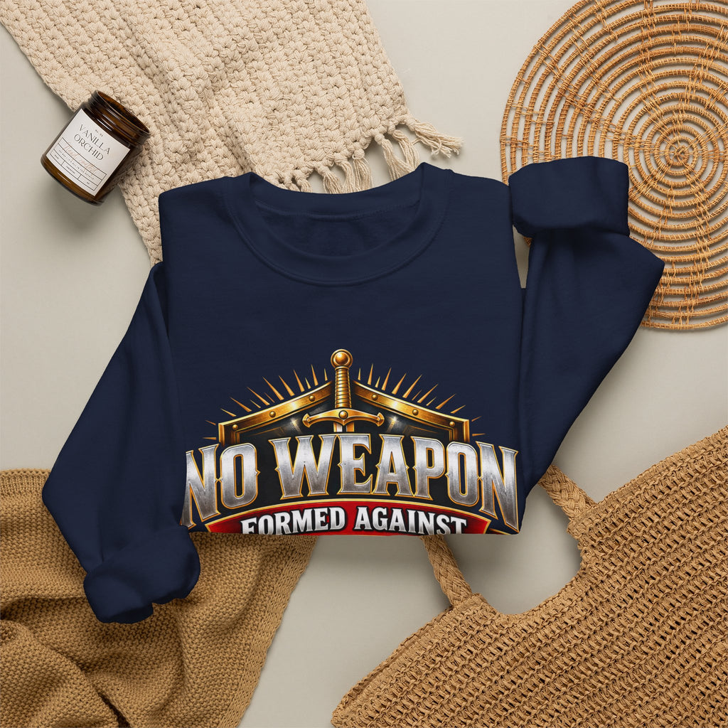 Folded navy blue No Weapon Formed Against You Shall Prosper Isaiah 54:17 Christian crewneck sweatshirt with sword design
