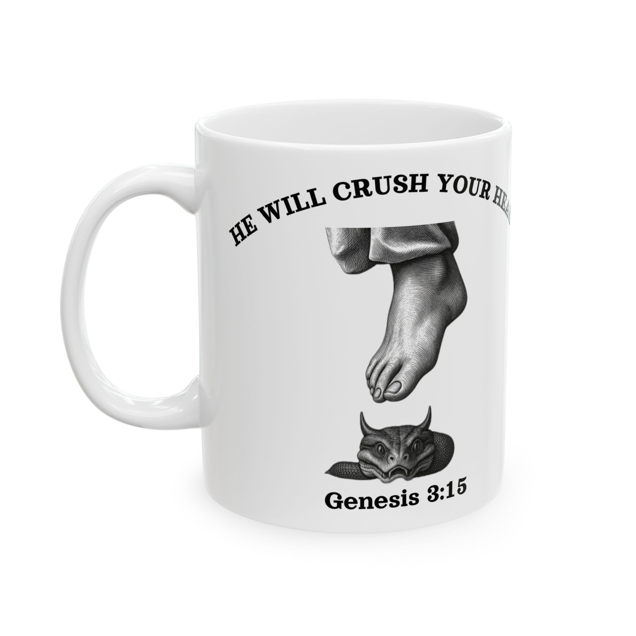 Genesis 3:15 - "He Will Crush Your Head" | Premium 15oz White Coffee Mug