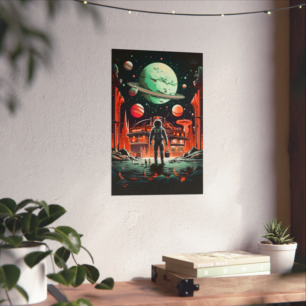 Astronaut at the Edge of the Galaxy – Retro Sci-Fi Wall Art Poster (3 Sizes)