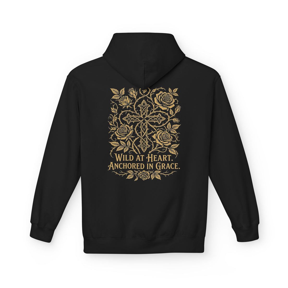 Wild at Heart Anchored in Grace faith floral hoodie in black with gold celtic cross and rose back print