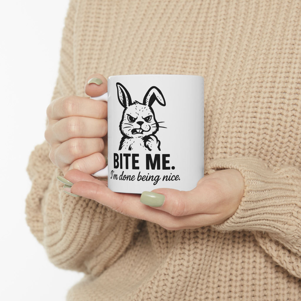 Bite Me Bunny Ceramic Mug — Funny Rabbit Coffee Cup (11oz & 15oz)
