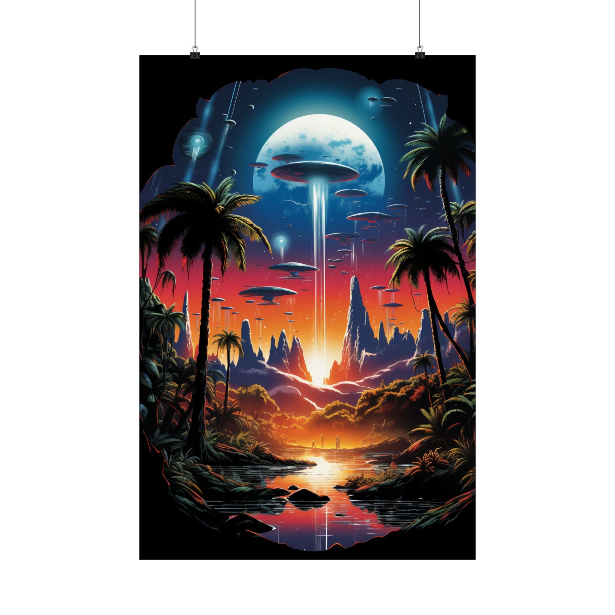 Cosmic Arrival Sunset Poster – Retro Sci-Fi Wall Art (3 Sizes)