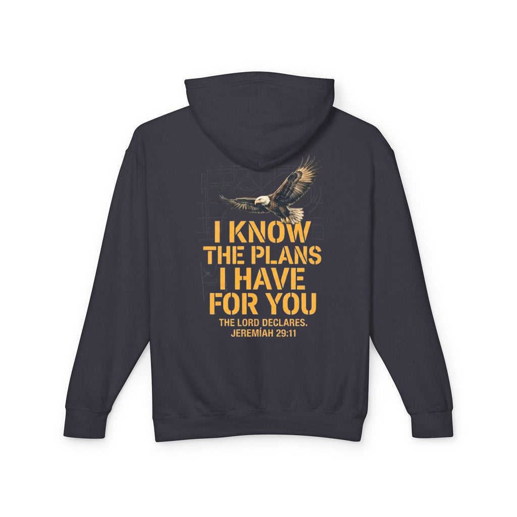 I Know The Plans I Have For You Christian hoodie back view — Jeremiah 29:11 soaring eagle graphic with bold gold distressed text on dark navy