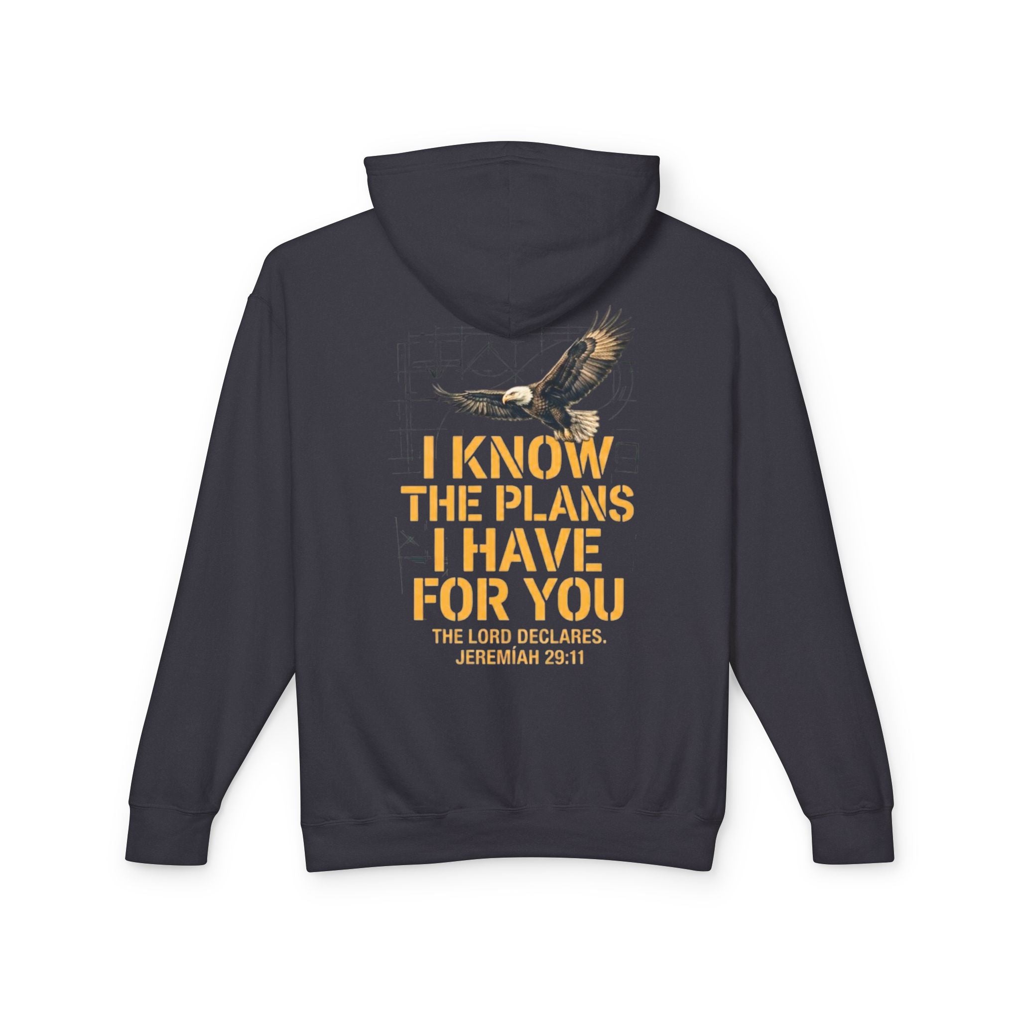 I Know The Plans I Have For You Christian hoodie back view — Jeremiah 29:11 soaring eagle graphic with bold gold distressed text on dark navy