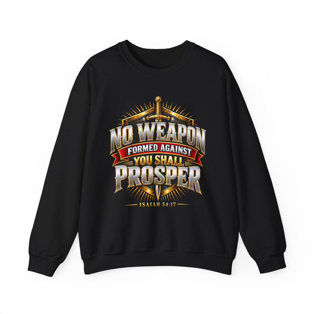 Black No Weapon Formed Against You Shall Prosper Isaiah 54:17 Christian crewneck sweatshirt with sword and gold banner design