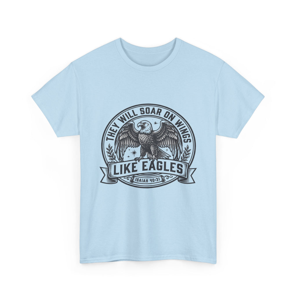ey Will Soar on Wings Like Eagles Isaiah 40:31 vintage eagle crest graphic on light blue unisex Christian t-shirt