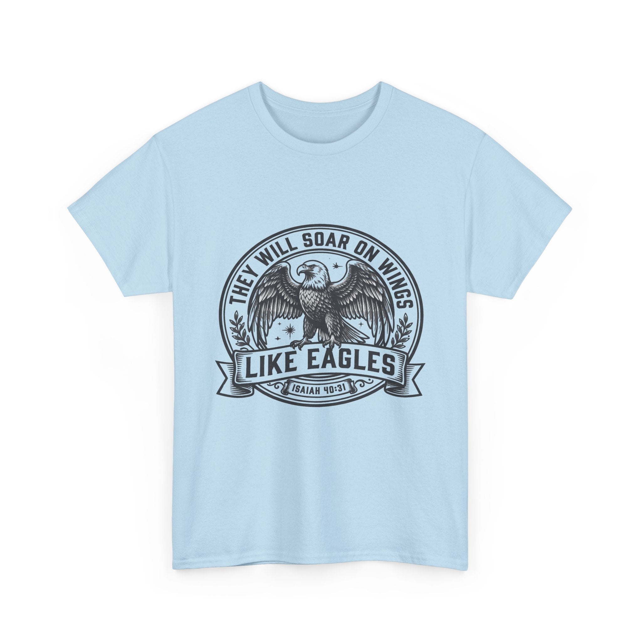 ey Will Soar on Wings Like Eagles Isaiah 40:31 vintage eagle crest graphic on light blue unisex Christian t-shirt
