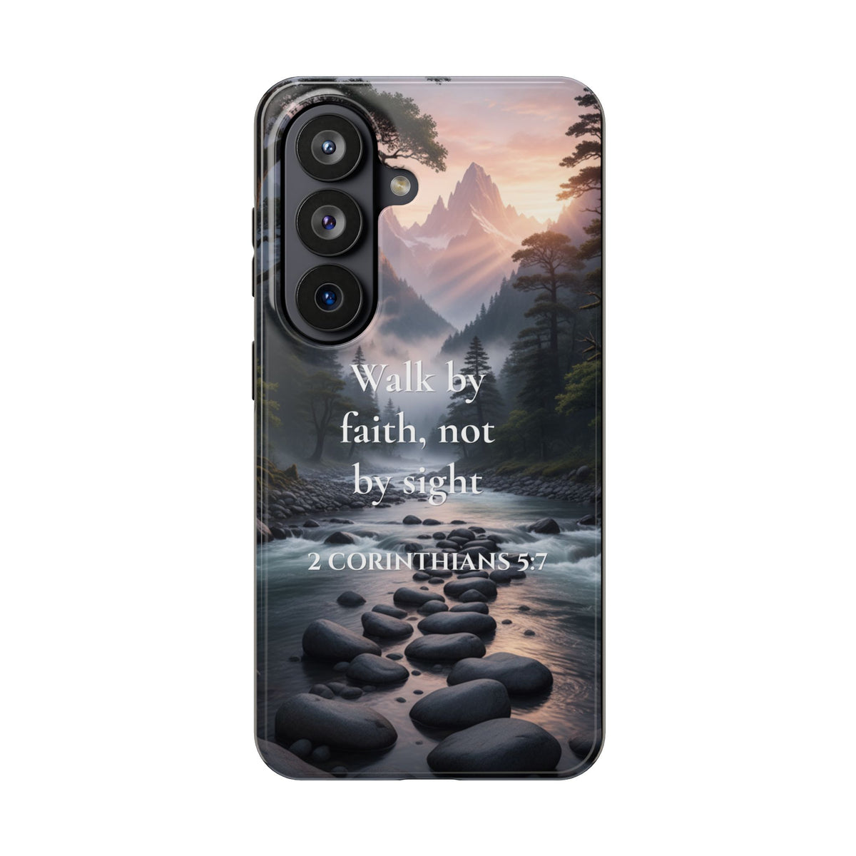 Christian Phone Case — "Walk by Faith, Not by Sight" (2 Corinthians 5:7) Scenic River Design