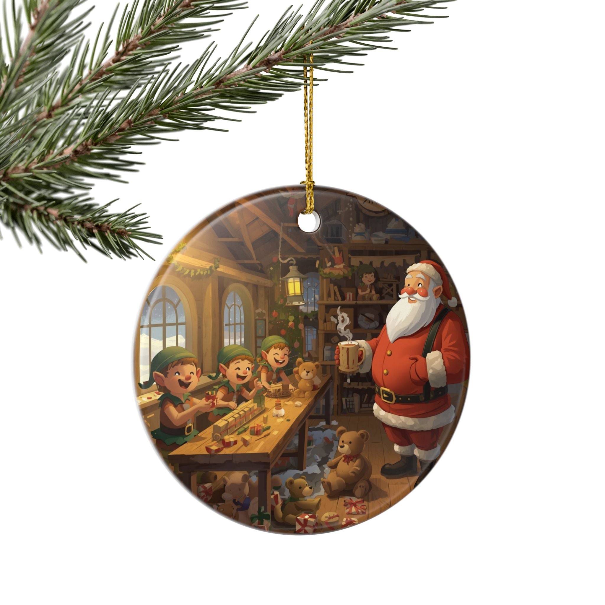 Santa & Elves Workshop Ornament — Holiday Scene