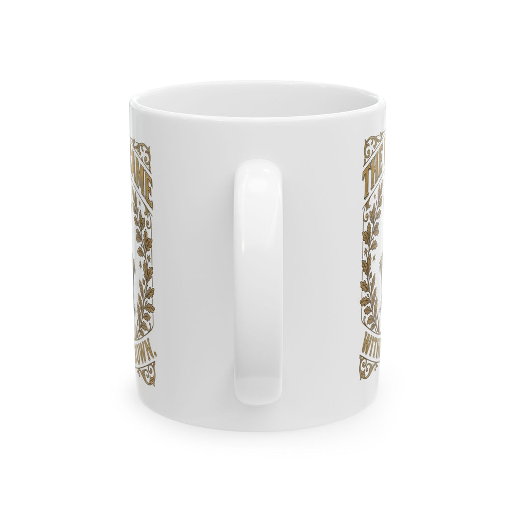 The King Came Without a Crown nativity Christmas mug, another view