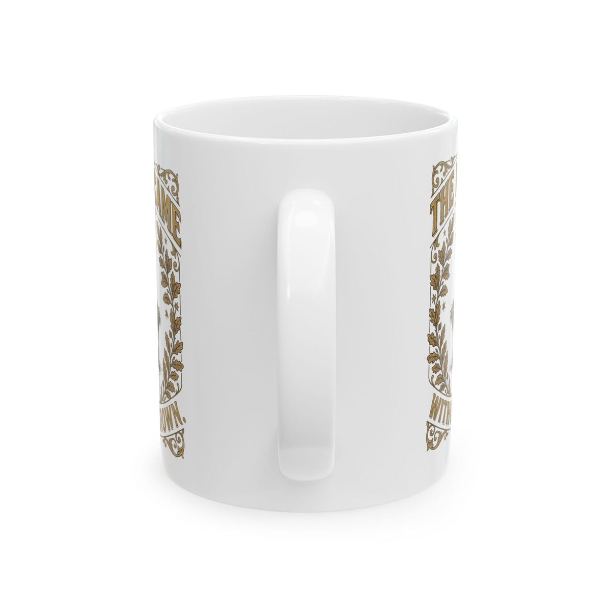The King Came Without a Crown nativity Christmas mug, another view