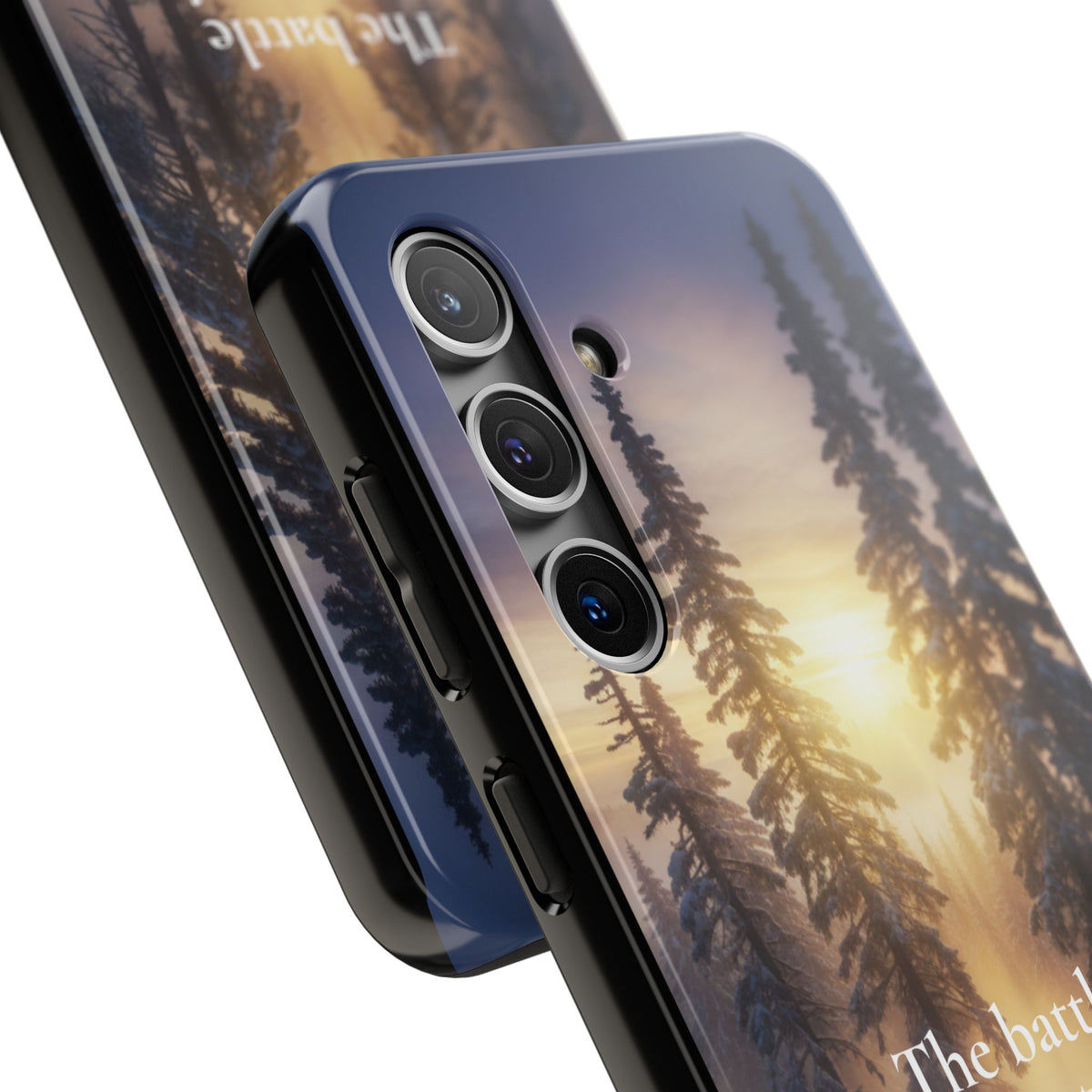 Christian Phone Case — "The Battle Belongs to the Lord" (2 Chronicles 20:15) Forest Sunrise Design